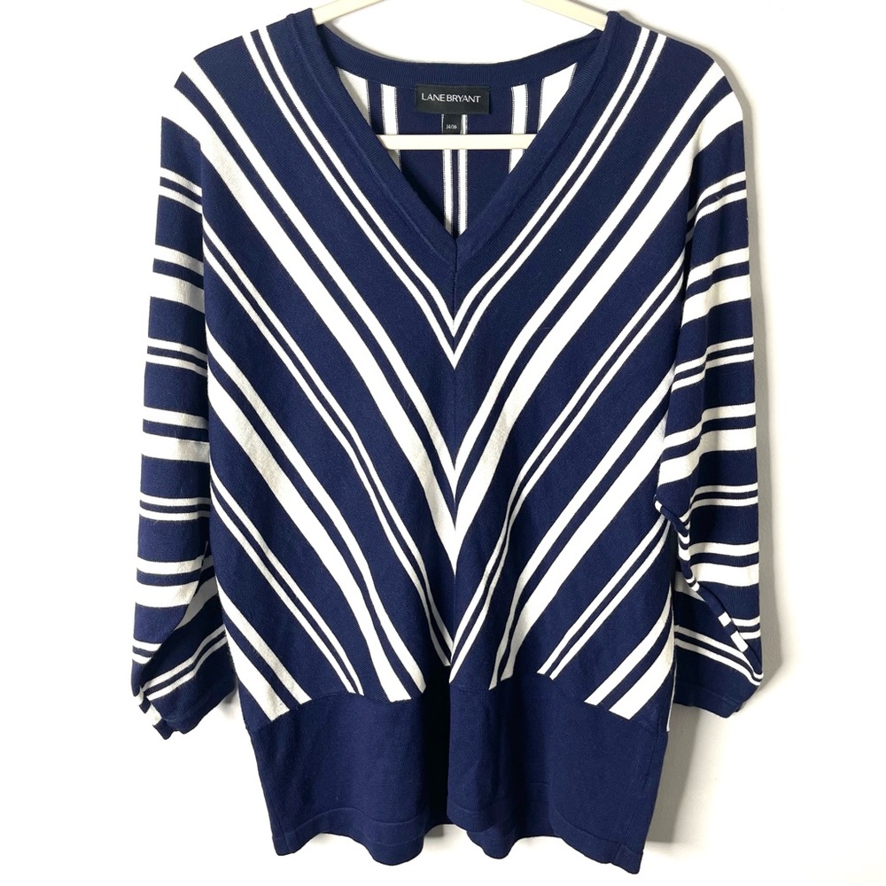 Lane Bryant Sweater 14 16 Blue Whit Chevron Stripes Dolman Sleeves